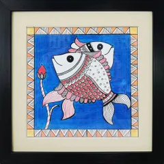 This Madhubani painting features the 'Matsya' or fish motif, a symbol of good luck and fertility, set against a brilliant blue background.