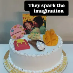 Every cake tells a story. This one is a collection of someone's favorite things: mangoes, McDonald's, and more. I love bringing these personal ideas to life.