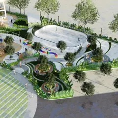 An aerial view of the active zone in the Sattva masterplan, featuring a skate park and a colorful children's play area. The design uses fluid forms to connect different recreational zones, providing diverse amenities for all age groups within a cohesive landscape.