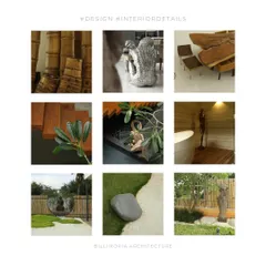 A grid showcasing various interior details from our projects. It includes natural elements like bamboo and live-edge wood, sculptural art pieces, and serene garden details, reflecting our diverse material palette.