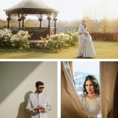 This collage showcases a variety of shots from a single modern shoot. It includes a romantic embrace, a stylish solo portrait of the groom, and an artistic shot of the bride, demonstrating the range of a gallery.