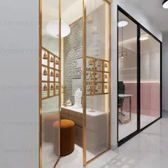 A small temple or prayer area integrated into the office design, featuring fluted glass and decorative bells for a peaceful and spiritual corner.