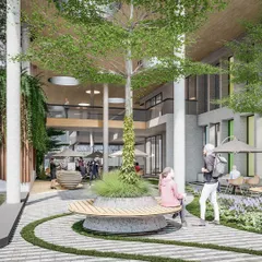 The central courtyard of the Myhome Vipina Clubhouse in Hyderabad. We broke the large building into smaller blocks connected by landscaped areas, creating a campus-like feel where the "forest" runs through the heart of the club.
