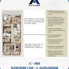 The floor plan and structural details for C-368. This shows the spacious 2300 sq. ft. layout and highlights key features like the seismic zone 4 compliance, premium entrance lobbies, and dedicated parking.