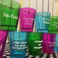 Add a fun, personal touch to your wedding with custom-printed shot glasses. I can print inside jokes, wedding hashtags, or guest names on these colorful glasses for a truly unique party favor.