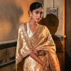 Bathed in golden light, this heirloom-worthy saree is a testament to classic weaves and timeless beauty. The intricate border and lustrous fabric make it a piece to be cherished forever.