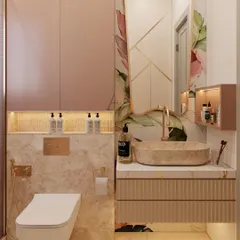 Even the smallest spaces deserve a touch of luxury. This bathroom showcases a floating vanity with a ribbed texture, a vibrant floral accent wall, and elegant rose gold fixtures. Smart, concealed storage and warm ambient lighting transform this functional area into a personal spa.