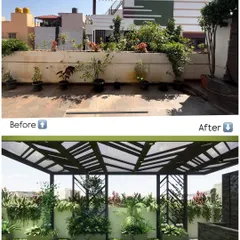 From a few scattered pots to a fully designed green space. Our concept for this terrace introduces structured planters and a dramatic pergola to create a cohesive and inviting outdoor room.