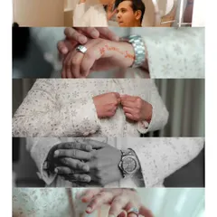 A film-strip style collage showing the groom's details. The focus is on his hands, his watch, and the small, significant moments of preparation.