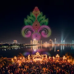 Above a beautiful wedding mandap, I created a vibrant, multi-colored paisley design that reflected the event's decor. My shows can be customized to match your wedding's theme and color palette for a cohesive and immersive experience.