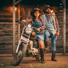 A fun and adventurous cowboy-themed pre-wedding shoot. Using props like a motorcycle and western outfits, we can create a unique and memorable story that reflects your personality.