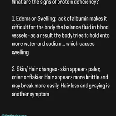 Are you protein deficient? This slide details the first two signs: edema or swelling due to fluid imbalance, and changes in your skin and hair, such as dryness, brittleness, or hair loss.