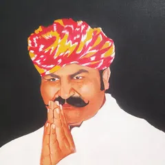 A 20x30 inch commissioned acrylic painting. This portrait captures a traditional look with a vibrant Rajasthani turban against a solid black background, making the subject stand out. I work with you to create portraits that have personal meaning.