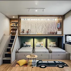 This is one of our favorite projects, a space-saving bedroom designed for three children. We used a multi-level layout with three separate beds, each with its own under-bed storage drawer, and a unique loft play area to maximize floor space for fun and games.