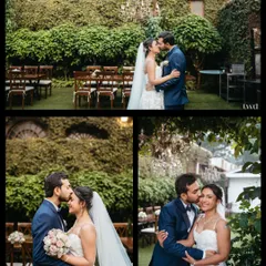 A collage of tender moments from a beautiful garden wedding ceremony. These portraits capture the kisses, smiles, and loving glances shared by the couple amidst the lush greenery and elegant decor of their special day.