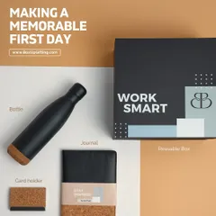 Making a memorable first day with the "Work Smart" welcome kit. This classic hamper includes a metal bottle, a cork and leather journal, and a card holder, providing essentials for a smooth start.