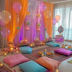 An indoor Mehendi setup designed for a cozy, intimate feel, using layers of orange and purple drapes, fairy lights, and colorful floor cushions for guest seating.
