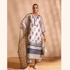 Another amazing deal is the Valara Organza White Kurta Set. The classic white and blue combination is timeless, and it comes with a beautiful scalloped dupatta to complete the look.
