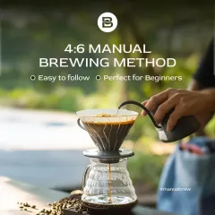 This image highlights the 4:6 manual brewing method, which is perfect for beginners. We teach you how to do multiple pours to control sweetness, acidity, and body.