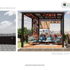 This before-and-after concept shows the dramatic potential of a rooftop. We designed a covered seating area with bamboo blinds for privacy and shade, turning an exposed terrace into a cozy outdoor room.