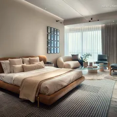 The depth in elegance is evident in this Palais Royale bedroom, where understated materials draw focus to the geometry of the space. Natural light highlights the room, shifting throughout the day, creating a carefully composed experience that feels like home.