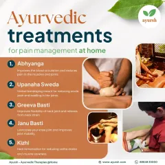 Pain management is one of our core services. This graphic highlights five key Ayurvedic treatments we provide at home, including Abhyanga, Greeva Basti, and Janu Basti, each designed to target specific types of muscular and joint pain.