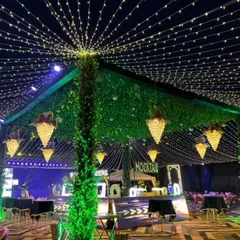 A still shot of a tented cocktail party setup. The ceiling is covered with a canopy of fairy lights, and the pillars are wrapped in greenery, creating a starry night effect indoors.