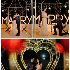 A collage of Ankit and Purva's proposal shoot, featuring a "Marry Me" light-up sign and a heart-shaped arch. These setups create a truly cinematic feel.