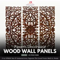 An intricately carved decorative wood wall panel in a dark finish, designed as a triptych. The traditional floral and circular pattern adds a touch of classic artistry and warmth to the space.