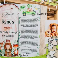 A unique storybook-style welcome board for Ryne's "First party through the woods," sharing a sweet narrative about the birthday boy.