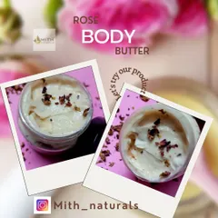 My Rose Body Butter, decorated with dried rose petals. It's a beautiful and effective moisturizer that helps reduce wrinkles and soothe skin rashes.
