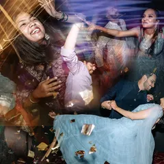 A dynamic collage from the Sangeet after-party. The mix of a romantic dip, laughing guests, and confetti creates a perfect summary of a fun-filled night.