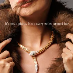 A close-up of the serpent necklace, showcasing how we use composition to build a narrative. The focus is on the piece itself, wrapped in the texture of fur, creating a feeling of tactile luxury and intrigue for this editorial jewellery campaign.