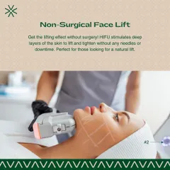 Here you can see the HIFU device being used for a non-surgical facelift. The technology stimulates deep layers of the skin to lift and tighten without needles, offering a natural-looking lift.