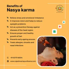 As part of the Panchakarma process, Nasya Karma is essential for cleansing the head. It helps relieve stress, improves vision, and acts as a preventive therapy against diseases of the head region.