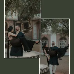 A playful and romantic moment where the groom lifts and carries his bride. Their smiles and the dynamic poses show their fun-loving connection in a beautiful garden setting.