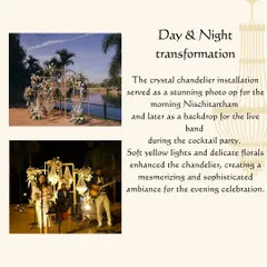 This graphic shows the day-to-night transformation of a crystal chandelier installation, which served as both a photo op and a backdrop for the live band.