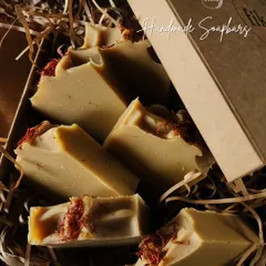 My Turmeric Saffron soap bars are a customer favorite. I use real turmeric for its skin-brightening properties and top each bar with delicate saffron threads, as you can see in this box of freshly made soaps.