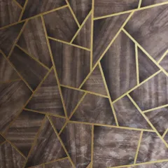 A close-up of the geometric and wood-textured wallpaper, showing the clean gold lines and the subtle texture of the material.