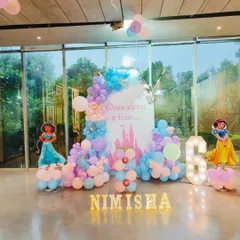 A magical Disney Princess theme for a 6th birthday. This setup includes a "Once upon a time" castle backdrop, cutouts of Princess Jasmine and Snow White, marquee letters for the name, and a pastel balloon garland.