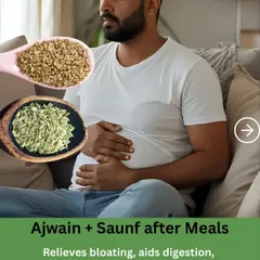 Feeling bloated after a meal? Chewing on a mix of ajwain (carom seeds) and saunf (fennel seeds) is a simple and effective way to aid digestion, relieve constipation, and calm your tummy.