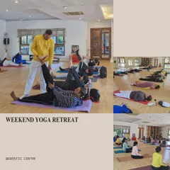 A collage from a weekend yoga retreat, showing various asana classes including relaxation in Savasana and guided posture correction. These sessions are designed to cater to all levels, from beginners to advanced practitioners.