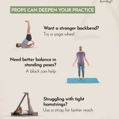 Props can deepen your practice in many ways. A yoga wheel can assist with backbends, a block can improve balance, and a strap can help with tight hamstrings.