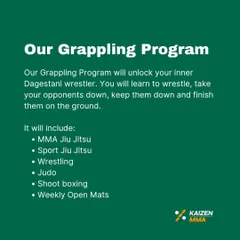 Our grappling program is designed to unlock your inner Dagestani wrestler. It includes MMA Jiu-Jitsu, Sport Jiu-Jitsu, Wrestling, Judo, and more.