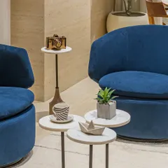 This cozy lounge corner in the Director's room features bold blue chairs that add a vibrant pop of color. It's the perfect spot to unwind or spark new ideas, styled with charming art pieces.