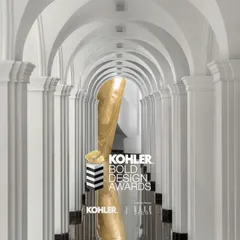 Another image celebrating the Kohler Bold Design Award, showcasing the project's dramatic arched hallway.