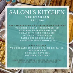 This is the menu for my vegetarian DIY BBQ kit. It includes a generous selection of pre-marinated and skewered starters like Tandoori Chilli Pineapple and Achaari Paneer Tikka, plus a main course, serving ten people.