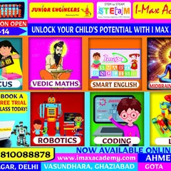 This flyer provides a complete overview of the courses offered at I-Max Academy, including Abacus, Vedic Maths, Smart English, Midbrain Activation, Robotics, Coding, and LEGO.