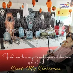 Find countless ways to make your celebrations special. This photo from a Halloween event shows our range of spooky decor, including a coffin, skeletons, and ghost props for a truly frighteningly fun party.