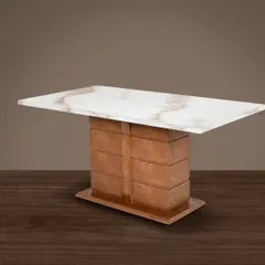A custom dining table with a marble top and a solid, block-style wooden base. This design offers a bold and contemporary look, available for order in the Mumbai area.